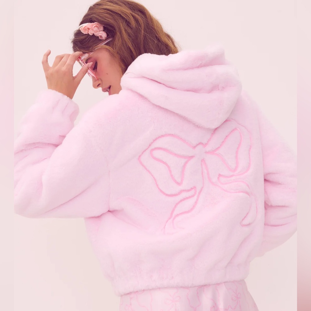 XS LOVESHACKFANCY X VS PINK FAUX-FUR CROPPED BOW BOMBER JACKET SOLD OUT